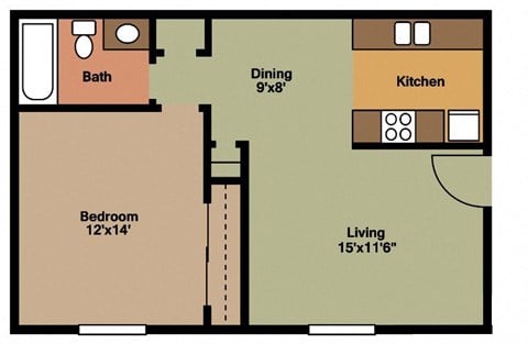 Floor plan for 1 bed, 1 bath, 650 sqft